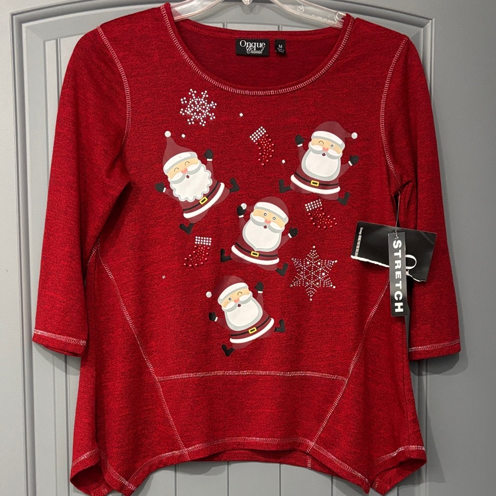 NWT Onque Casuals Festive Red Santa Top w/silver and red embellishments